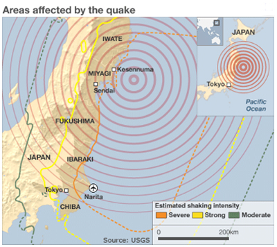 Maps of earthquake zone in Japan