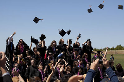 Graduates fling caps in the air.