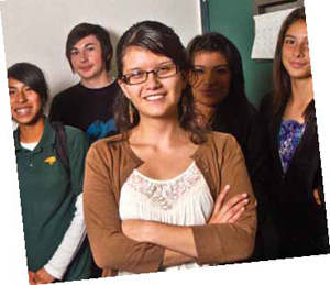 Villarón with students at Ceiba College Prep