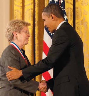 President Obama congratulates Sandra Faber 