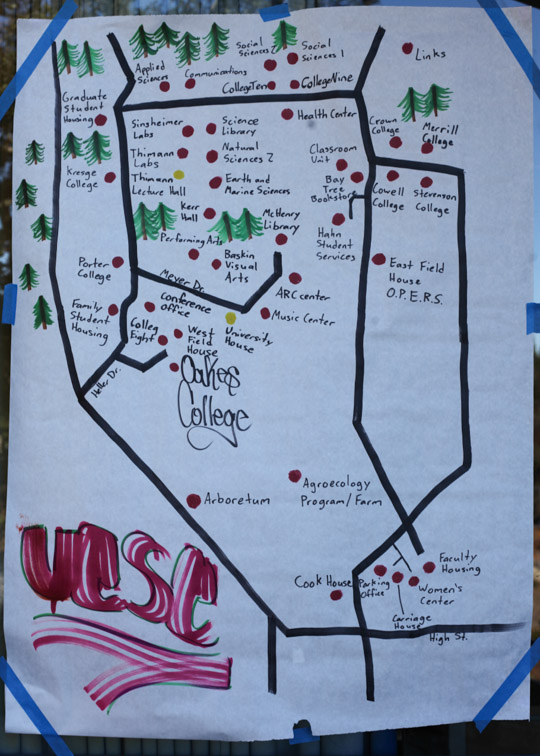 Sometimes you just need a map. This hand-drawn map shows new students how to get around UCSC's expansive campus.