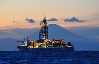 drill ship Chikyu with Mt Fuji in background