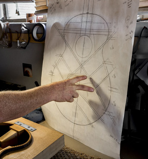 Stephen Strahm explains the design for the top bracing of one of his guitars.