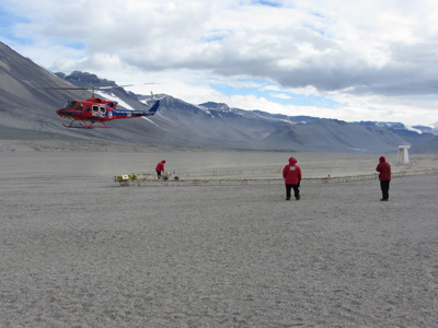 helicopter and scientists on ground