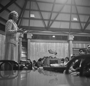 Mary Holmes, professor of art history, teaching in the East Field House, ca. 1966