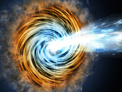 Black-hole-powered galaxies called blazars are the most common sources detected by NASA's Fermi Gamma-ray Space Telescope. As matter falls toward the supermassive black hole at the galaxy's center, some of it is accelerated outward at nearly the speed of light along jets pointed in opposite directions. When one of the jets happens to be aimed in the direction of Earth, as illustrated here, the galaxy appears especially bright and is classified as a blazar. (Image credit: M. Weiss/CfA)