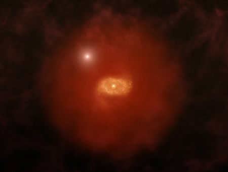 illustration of galaxy with quasar shining through halo