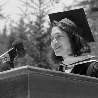 Archival photo of Dolores Huerta delivering commencement speech at UCSC in 1988