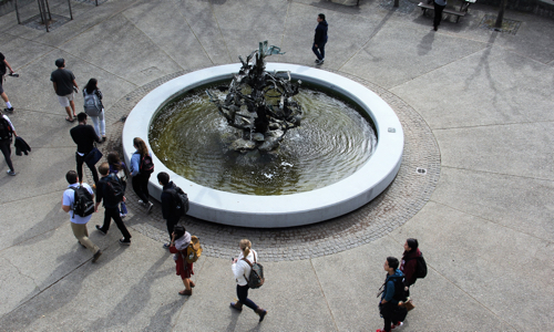 Students near fountain