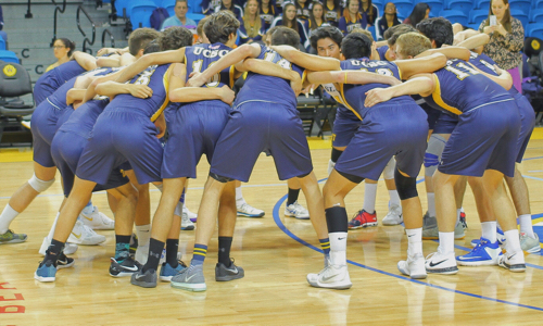 Men's volleyball team huddles
