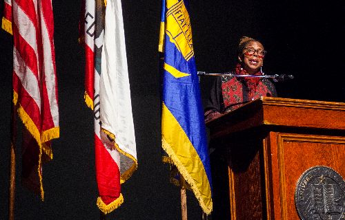 Martin Luther King Jr. Memorial Convocation speaker Kimberlé Crenshaw addresses the crowd 