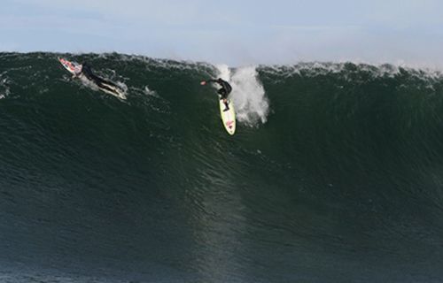 Gerhardt drops into a monster wave during a session at Mavericks. (Photo by Frank Quirarte
