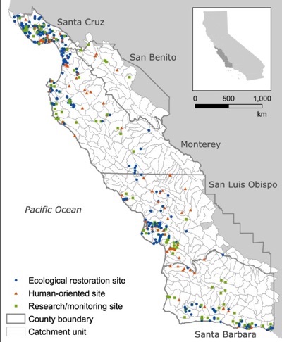Map of Central California showing locations of stream restoration projects