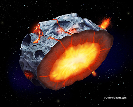 illustration of volcanoes on metal asteroid
