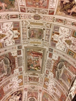 Photo of ceiling frescoes in the dining room where participants gathered for meals