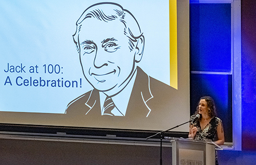 Nicole Baran speaking at UC Santa Cruz's 100th birthday celebration for Jack Baskin. 