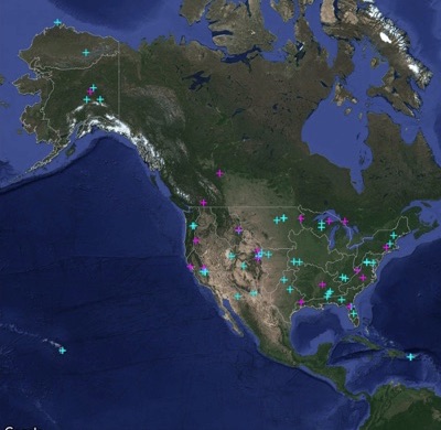 A map showing the North American sites of two major studies of soil fungi