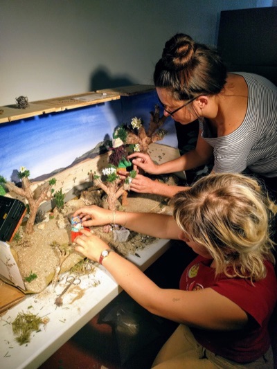 Photo of Grace Ackles and Juniper Harrower building a diorama for their animated film