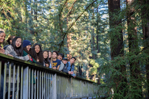 Students on a campus bridge