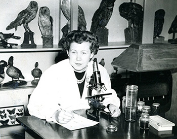 Jean Harmon at microscope