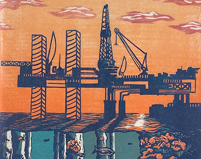 Cassidy Skillman, Neglected Places: Below The Offshore Rig. Reduction Woodcut on Kozo