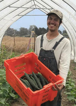 Scott Chang-Fleeman holding a basket of freshly picked vegetables