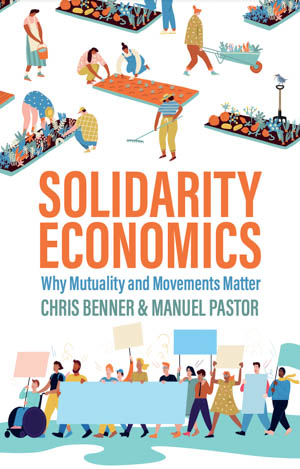 Solidarity Economics book cover with cartoons of people farming and marching with signs