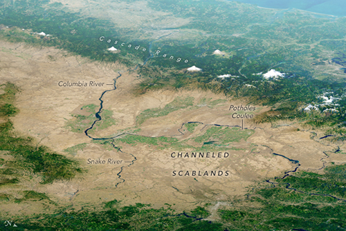 satellite view of channeled scablands