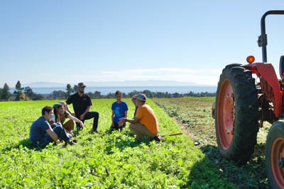A group of people sit and talk in a farm field, with a tractor and ocean in the background