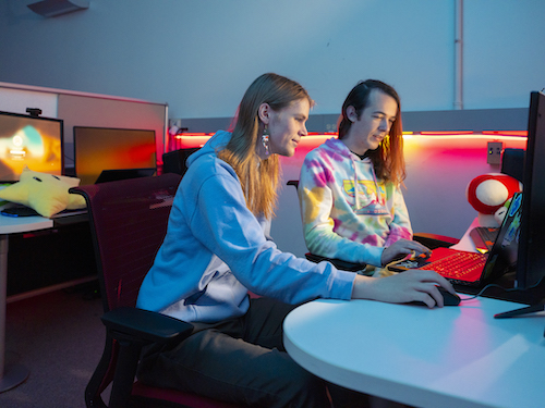 Students collaborate on computer game design in a campus lab