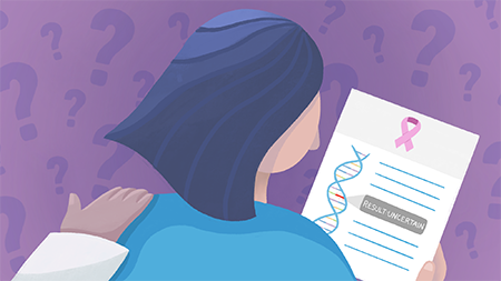 Illustration of a woman receiving uncertain results related to breast cancer diagnoses.