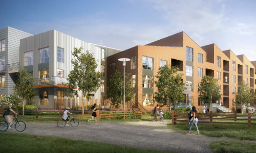 Rendering of Delaware housing project showing the outside view of a building with people.