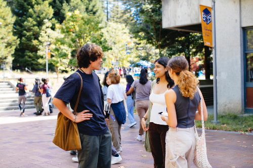 Students in a group on campus.