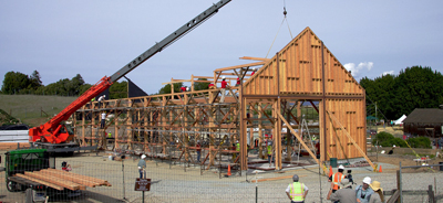 A photo of the rebuilt Hay Barn being "raised"