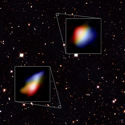 Hubble image of galaxies with inset ALMA images of two early galaxies
