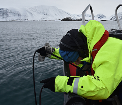 researcher deploying hydrophone