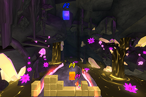 A screengrab of the Squish game showing a character jumping over blocks.