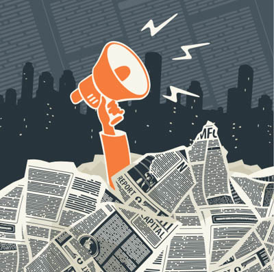 Illustration of hand holding megaphone emerging from stack of newspapers