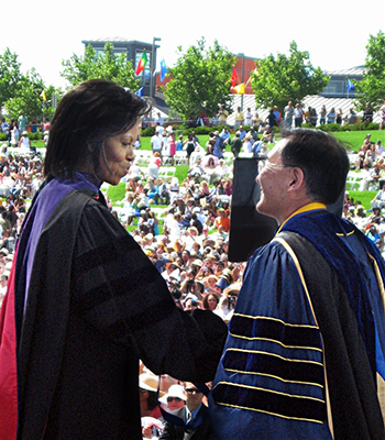 Michelle Obama and Steve Kang at UC Merced's 2009 commencement ceremony.