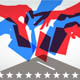 Illustration showing red and blue hands dropping ballots into collection box