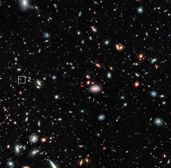 images of galaxy cluster showing distant galaxy beyond it