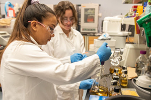 iGEM team member Lauren Paule and co-captain Elizabeth Beer are shown working in the lab.