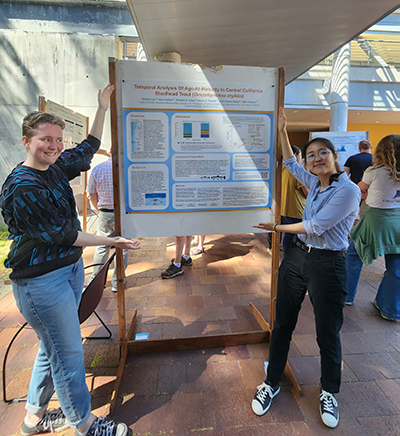 Two students stand in front of their research poster 