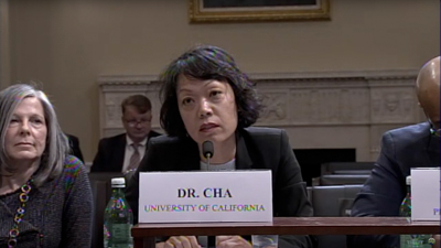 J. Mijin Cha speaking into a microphone in a congressional meeting room
