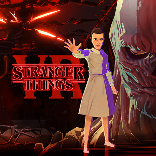 Graphic for the Stranger Things VR showing Vecna's skull-like face and Eleven.