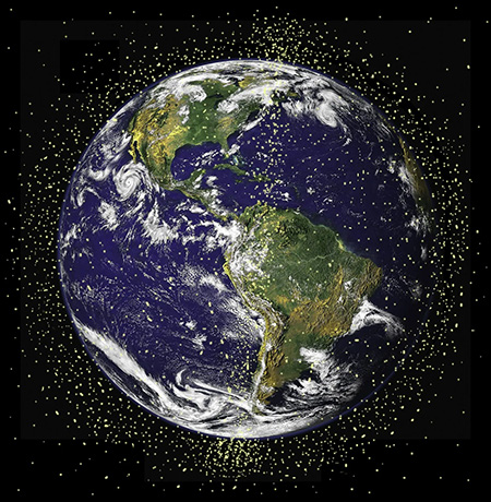 a view of earth from space surrounded by yellow dots representing space debris 