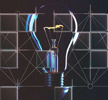 A rendering of a lightbulb seen through a grid diagram of a neural network