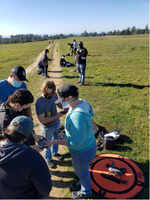 students and an instructor in a field with a drone