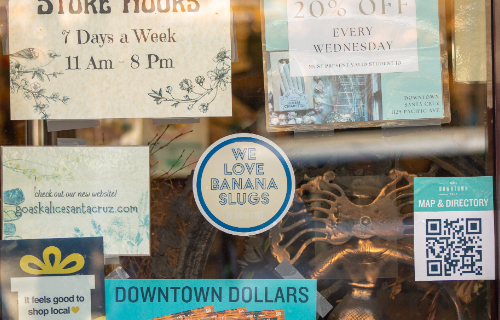 The window of downtown organic herbs and mystical goods store Go Ask Alice displays Slug a