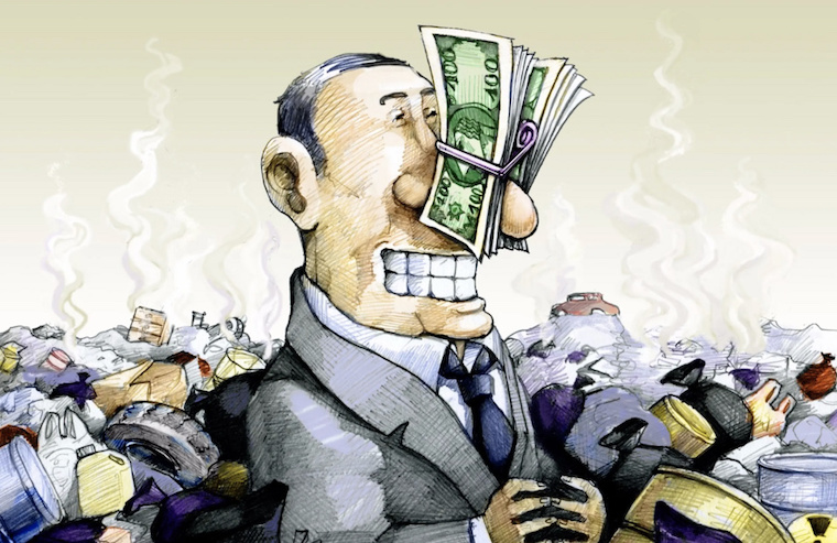 drawing of man with money over his nose in pile of trash